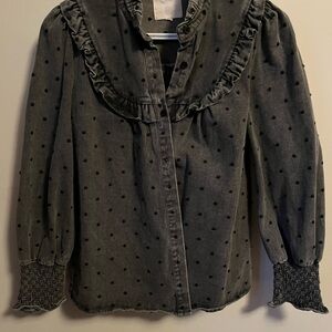Women’s Jean Polka Dot Ruffle long sleeve Shirt - Gray